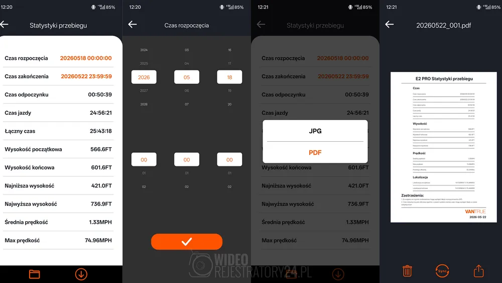statystyki przejazdów vantrue e2 pro